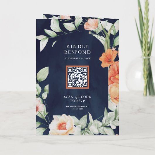 Boho Arch Aardse Bloem Navyblauw QR Code Bruiloft (Achterkant)