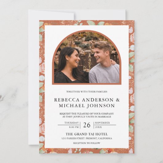 Boho Arch Aardse Bloemen Alles in één bruiloft Kaart (Voorkant)