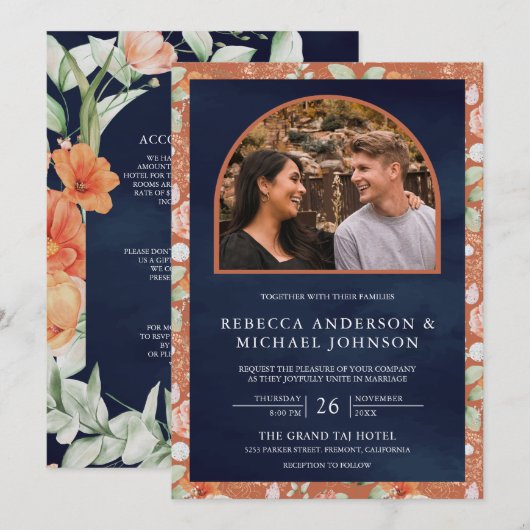 Boho Arch Aardse Bloemen Alles in Een Marine Huwel Kaart (Voorkant / Achterkant)