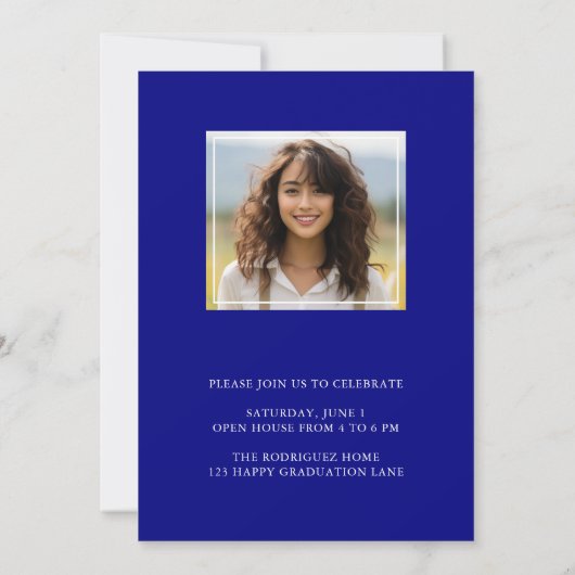 Boho Arch Afstuderen Invitation 2 foto's Navy Kaart (Achterkant)