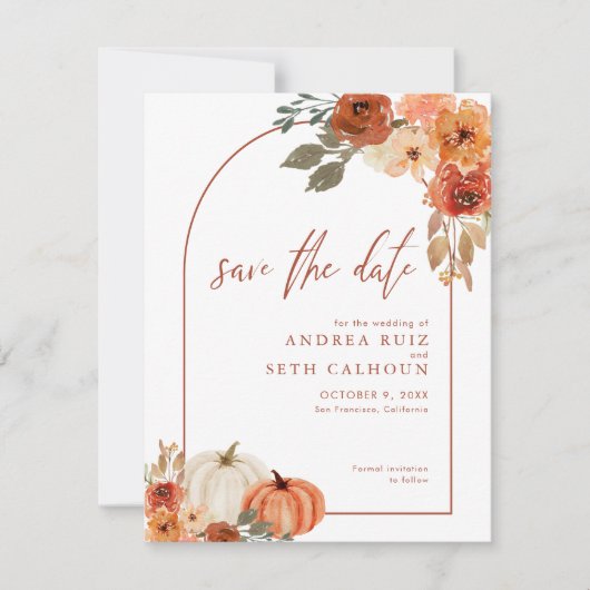 Boho Arch Autumn Pumpkin Floral Terracotta Save The Date (Voorkant)