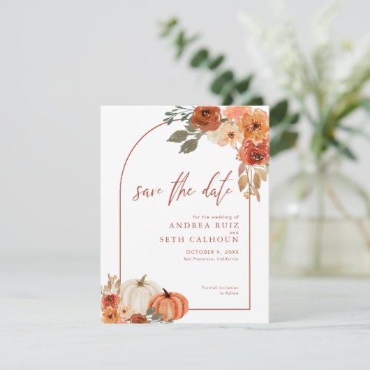 Boho Arch Autumn Pumpkin Floral Terracotta Save The Date (Staand voorkant)