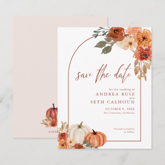 Boho Arch Autumn Pumpkin Floral Terracotta Save The Date (Voorkant / Achterkant)