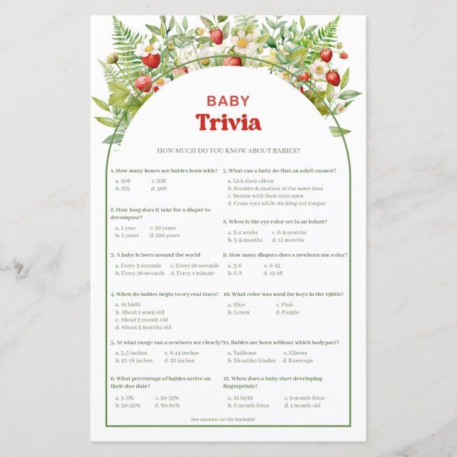 Boho Arch Berry Sweet Aardbei Baby Trivia spel (Voorkant)