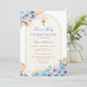 Boho Arch Blauw Bloemen Eerste Heilige Communie Kr Kaart (Staand voorkant)
