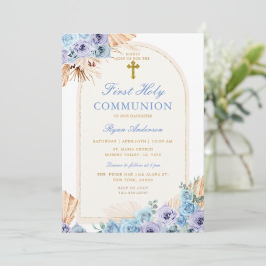 Boho Arch Blauw Bloemen Eerste Heilige Communie Kr Kaart (Staand voorkant)