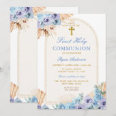 Boho Arch Blauw Bloemen Eerste Heilige Communie Kr Kaart (Voorkant / Achterkant)