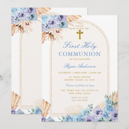 Boho Arch Blauw Bloemen Eerste Heilige Communie Kr Kaart (Voorkant / Achterkant)
