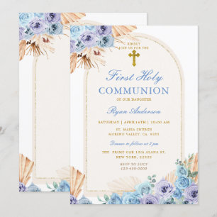 Boho Arch Blauw Bloemen Eerste Heilige Communie Kr Kaart