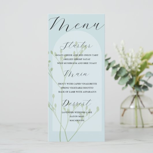 Boho Arch Bleek Blue Foliage Wedding Menu (Staand voorkant)