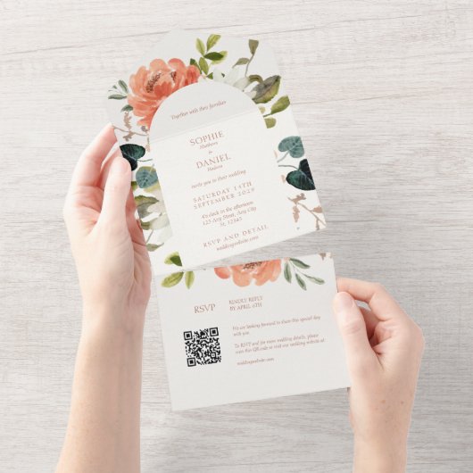 Boho Arch Bloemen Waterverf Bruiloft All In One Uitnodiging (Afscheurbaar)