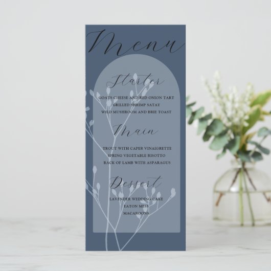 Boho Arch Blue Foliage Wedding Menu (Staand voorkant)