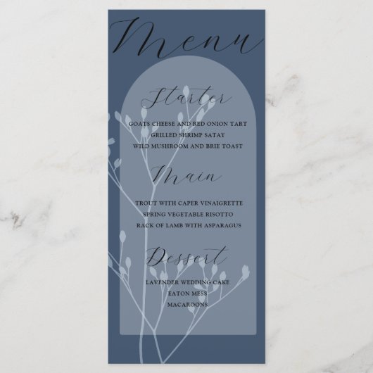 Boho Arch Blue Foliage Wedding Menu (Voorkant)