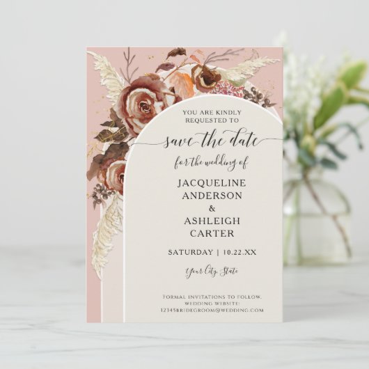 BOHO Arch BOHO Herfst Floral Blush Pampas Grass Save The Date (Staand voorkant)