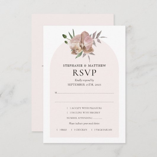 Boho Arch Dusty Orchids Botanical Wedding RSVP Kaartje (Voorkant / Achterkant)