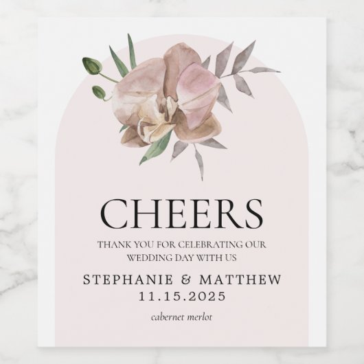 Boho Arch Dusty Orchids Botanical Wedding Wijn Etiket (Enkel label)
