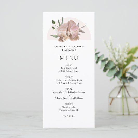 Boho Arch Dusty Orchids Floral Wedding Menu (Staand voorkant)