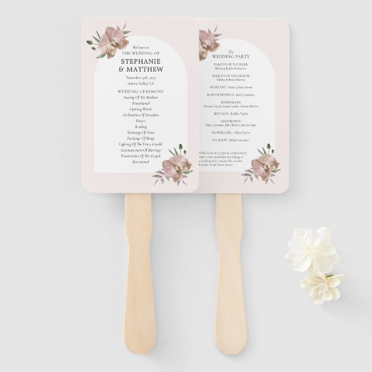 Boho Arch Dusty Orchids Floral Wedding Programme Handwaaier (Voorkant en achterkant)