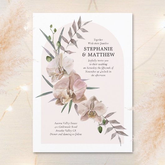 Boho Arch Dusty Orchids Flowy Floral Wedding Kaart