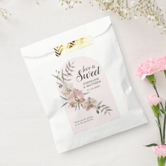 Boho Arch Dusty Orchids Love is Sweet Weddenschap Bedankzakje (Gezegeld)