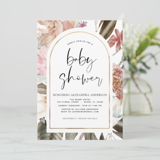 Boho Arch Dusty Pink Burgundy Baby shower Kaart (Staand voorkant)