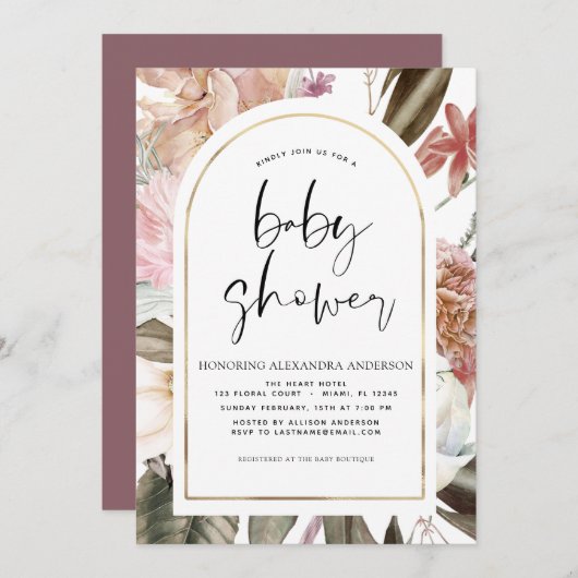 Boho Arch Dusty Pink Burgundy Baby shower Kaart (Voorkant / Achterkant)