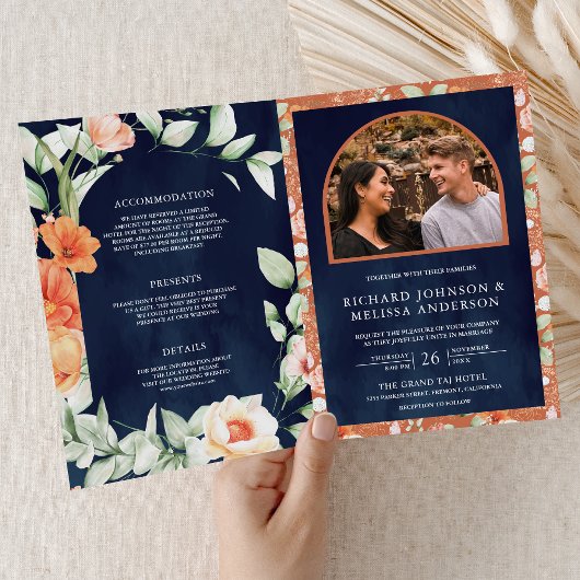 Boho Arch Earthy Floral Navy Blue QR Code Wedding