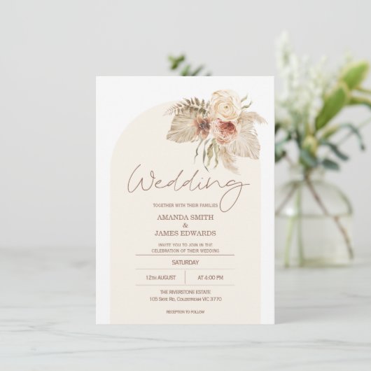 Boho Arch Floral Pampas Grass Floral Wedding Kaart (Staand voorkant)