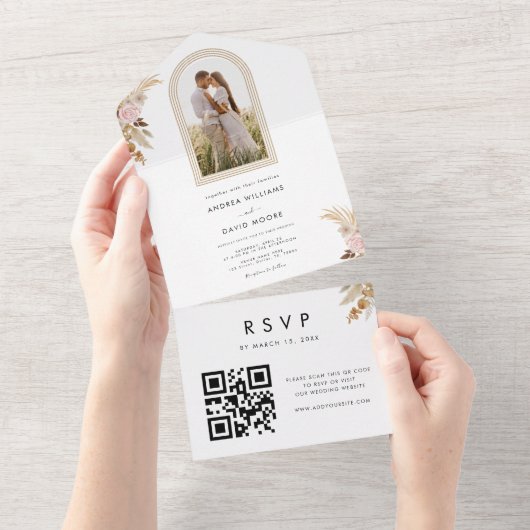 Boho Arch Foto Pampas Grass Floral Summer Wedding All In One Uitnodiging (Afscheurbaar)