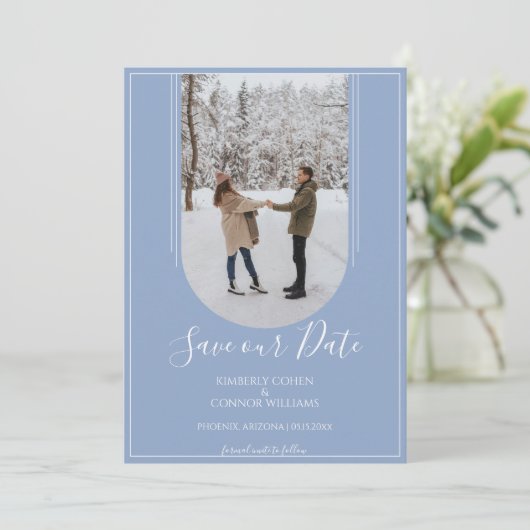 Boho Arch Foto Sla de datum op | Dusty Blue Save The Date (Staand voorkant)