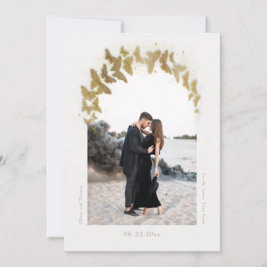 Boho Arch Gold Butterflies Elegant Photo Wedding Save The Date (Voorkant)