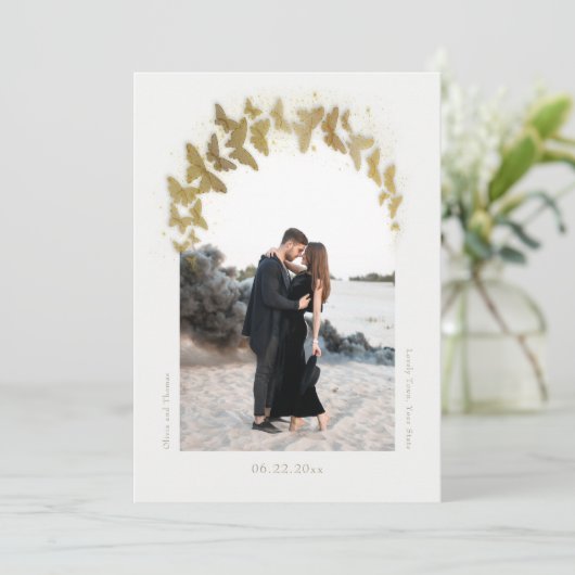 Boho Arch Gold Butterflies Elegant Photo Wedding Save The Date (Staand voorkant)