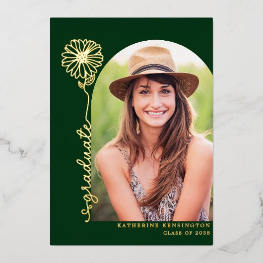 Boho Arch Green Gold Handwrited Photo Afstuderen Folie Uitnodiging (Voorkant)