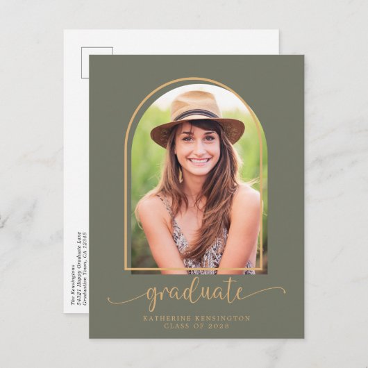 Boho Arch Green Gold Photo Graduparty Aankondigingskaart (Voorkant / Achterkant)