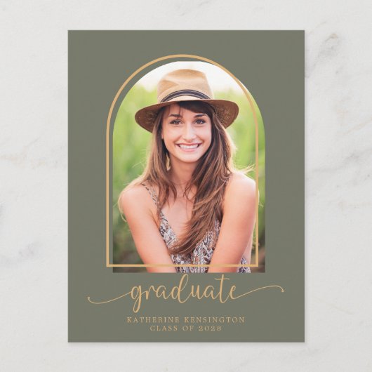 Boho Arch Green Gold Photo Graduparty Aankondigingskaart (Voorkant)