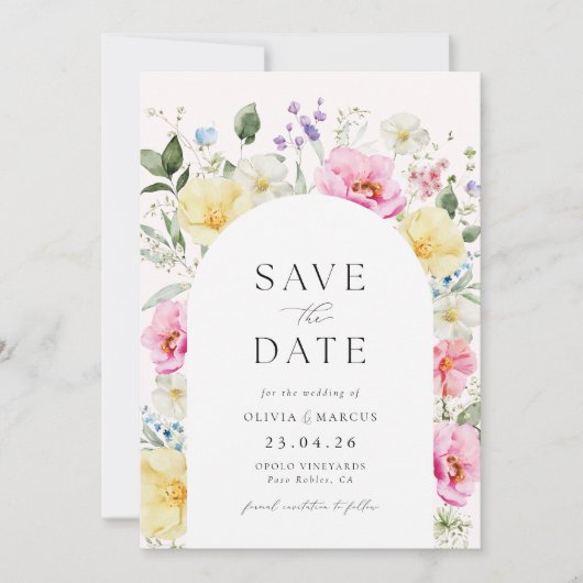 Boho Arch Kleurrijke Floral Spring Elegant Bruilof Save The Date (Voorkant)