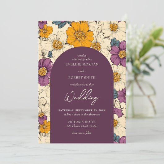 Boho arch mauve sinaasappel en ivoren bloemen kaart (Staand voorkant)