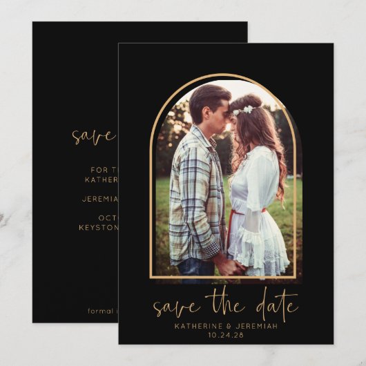 Boho Arch Minimalist Black Gold Save the Date (Voorkant / Achterkant)