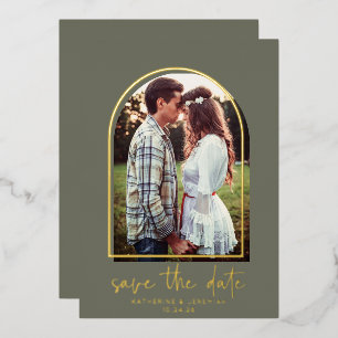 Boho Arch Minimalist Green Gold Foil Save the Date Folie Uitnodiging