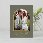 Boho Arch Minimalist Green Gold Foil Save the Date Folie Uitnodiging (Staand Voorkant)