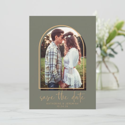 Boho Arch Minimalist Green Gold Save the Date (Staand voorkant)