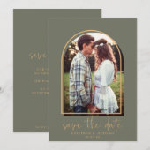 Boho Arch Minimalist Green Gold Save the Date (Voorkant / Achterkant)