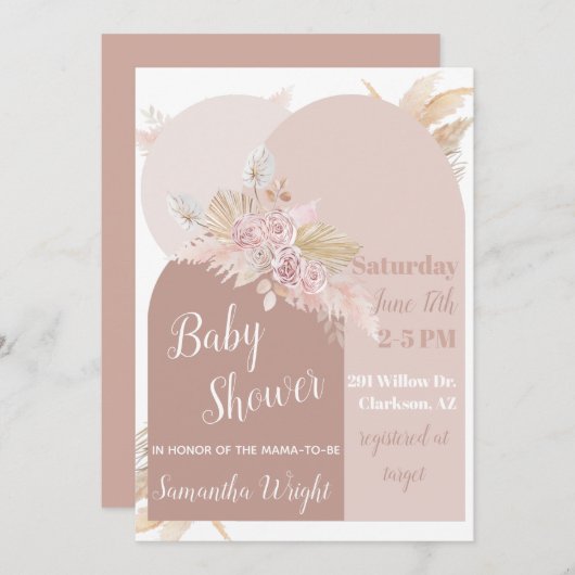 Boho Arch Pampas Baby shower Uitnodiging (Voorkant / Achterkant)