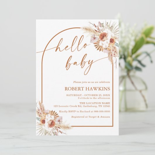 Boho Arch Pampas Grass Baby shower Uitnodiging (Staand voorkant)