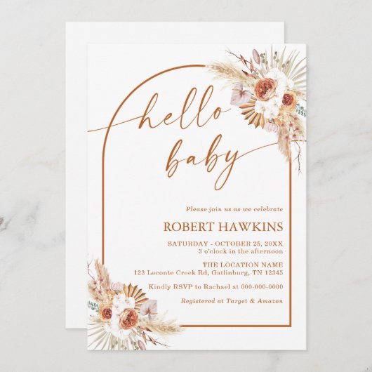 Boho Arch Pampas Grass Baby shower Uitnodiging (Voorkant / Achterkant)