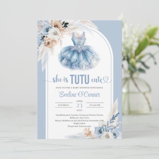 Boho arch pampas grass blauw tutu dress Baby showe Kaart (Staand voorkant)