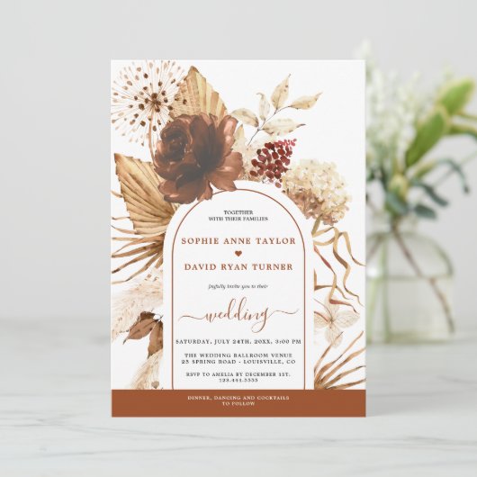 Boho Arch Pampas Grass Bloemen Terracotta Bruiloft Kaart (Staand voorkant)