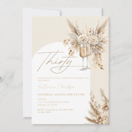 Boho Arch Pampas Grass Champagne 30e verjaardag Kaart (Voorkant)