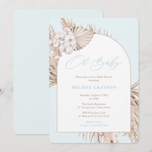 Boho Arch Pampas Grass Light Blue Boy Baby shower Kaart (Voorkant / Achterkant)
