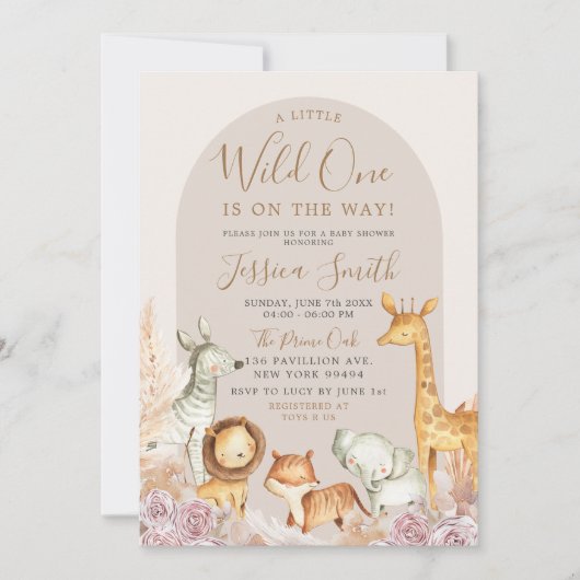 Boho Arch Pampas Grass Safari Wild Eén Baby shower Kaart (Voorkant)